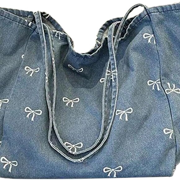 Chic Denim Bow Handbag - Kawaii Vintage Message Bag for Women, Large Capacity Ca